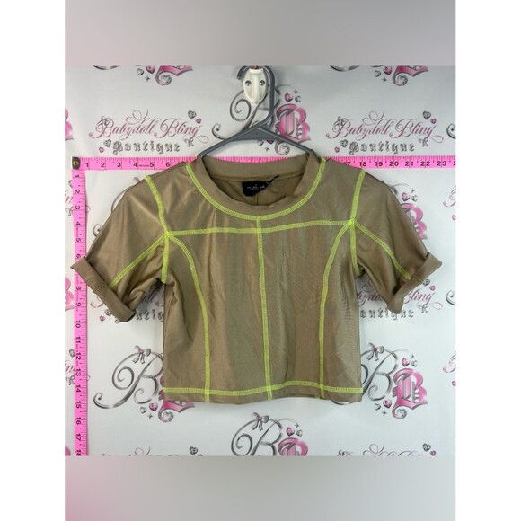 Urban Outfitters Tops - Urban Outfitters crop top Khaki Crop Tee with Neon Yellow Contrast Stitching